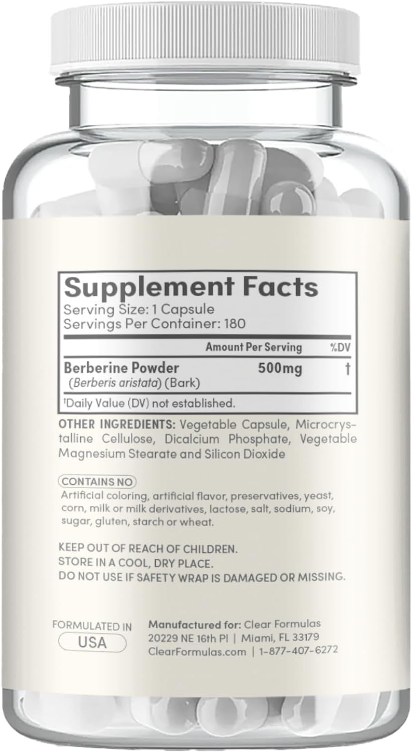 Clear Formulas Berberine Supplement 500mg - Lab Tested Berberine 500mg Value Size - Vegan Non-GMO Made in the US & Gluten Free (6 Months Supply)