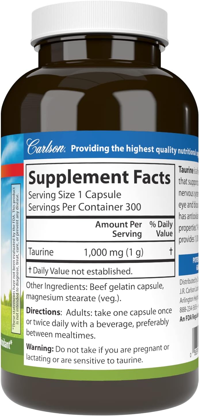 Carlson – Taurina, Aminoácido Libre, 1000 mg, 300 Cápsulas