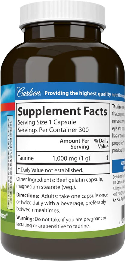 Carlson – Taurina, Aminoácido Libre, 1000 mg, 300 Cápsulas – Image 2