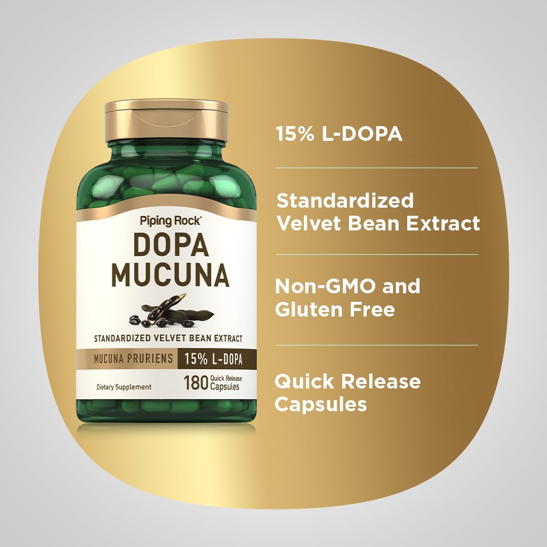 Piping Rock DOPA Mucuna Cápsulas | 180 unidades | 15% L-DOPA | Extracto de Mucuna Pruriens | Suplemento no-GMO y sin gluten
