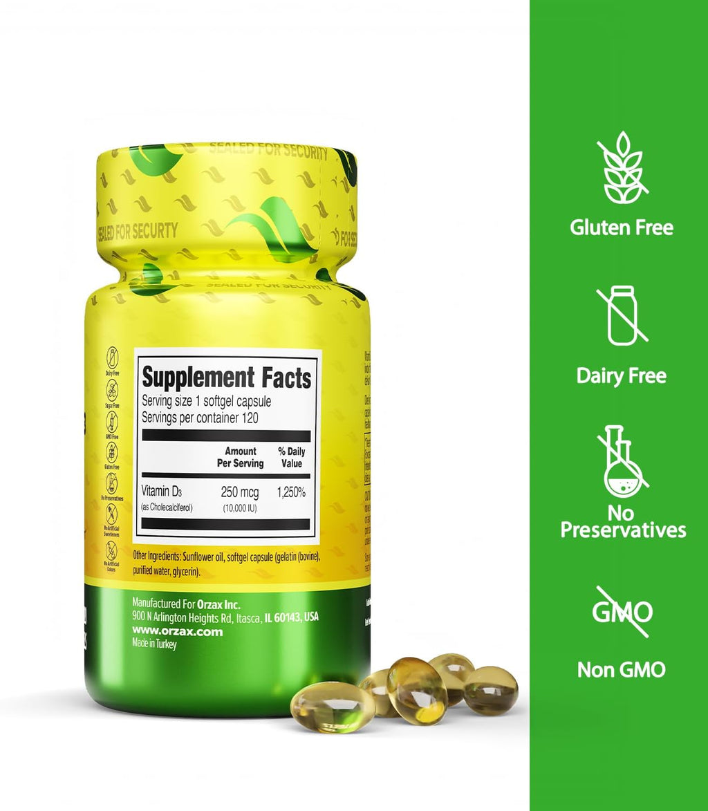 ORZAX Vitamina D3 10000 UI (250 mcg) – 120 Cápsulas Blandas – Sin Gluten, Sin Azúcar, No-GMO
