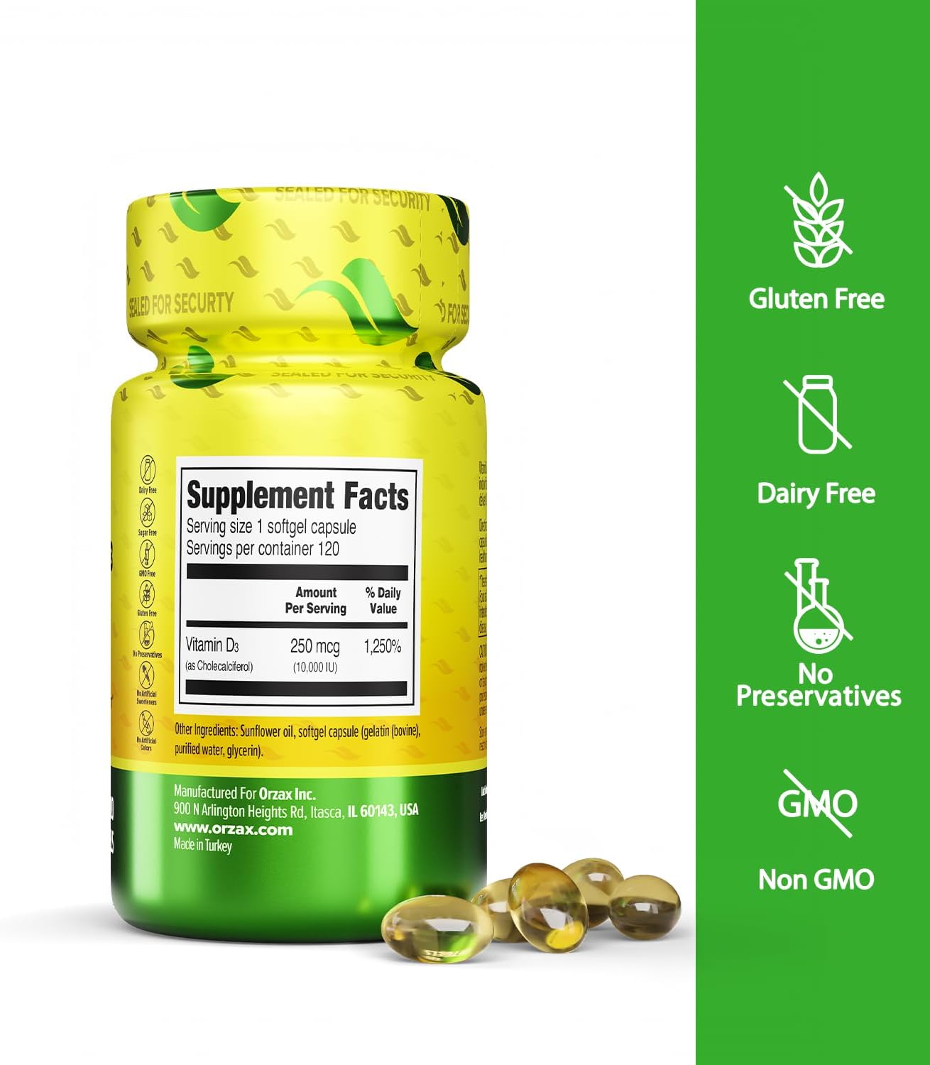ORZAX Vitamina D3 10000 UI (250 mcg) – 120 Cápsulas Blandas – Sin Gluten, Sin Azúcar, No-GMO