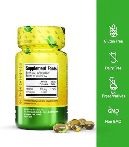 ORZAX Vitamina D3 10000 UI (250 mcg) – 120 – Función muscular: Ayuda a mantener la función muscular normal, – Image 2