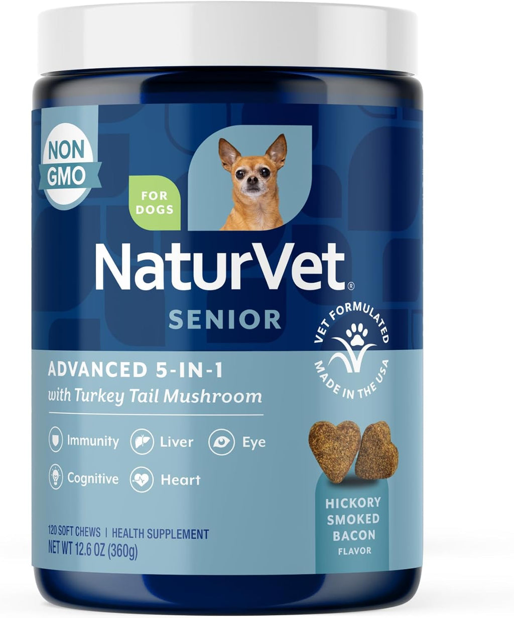 NaturVet Senior Advanced 5-in-1 Suplemento para Perros – Apoya Sistema Inmunitario, Corazón, Hígado, Función Cognitiva y Salud Ocular – 120 Masticables