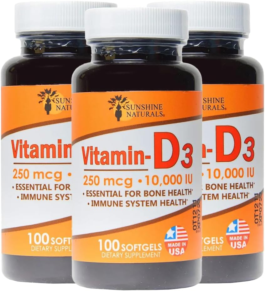 Sunshine Naturals Vitamina D3 10000 UI (250 mcg) - 200 Cápsulas Blandas (2 Envases de 100)