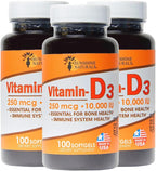 Sunshine Naturals Vitamina D3 10000 UI (250 mcg) - 200 Cápsulas Blandas (2 Envases de 100)