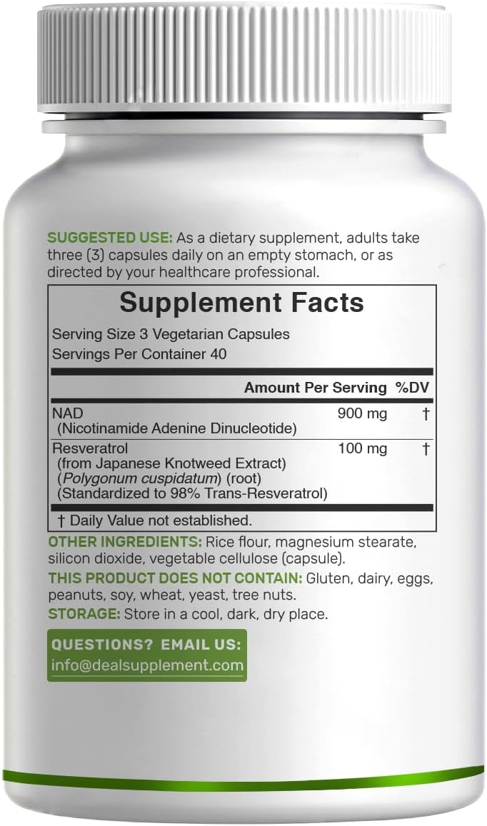 NAD+ Resveratrol 1.000mg por dosis, 120 Cápsulas Vegetales - 2 en 1 Suplemento de Potencia Extra, Alternativa al NMN, No Transgénico, Sin Gluten