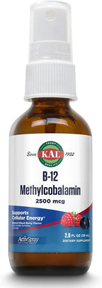 KAL Vitamina B12 Metilcobalamina ActivSpray 2500 mcg, Spray de Vitamina B12, Sabor Natural a Bayas, 80 Servicios, 60 ml