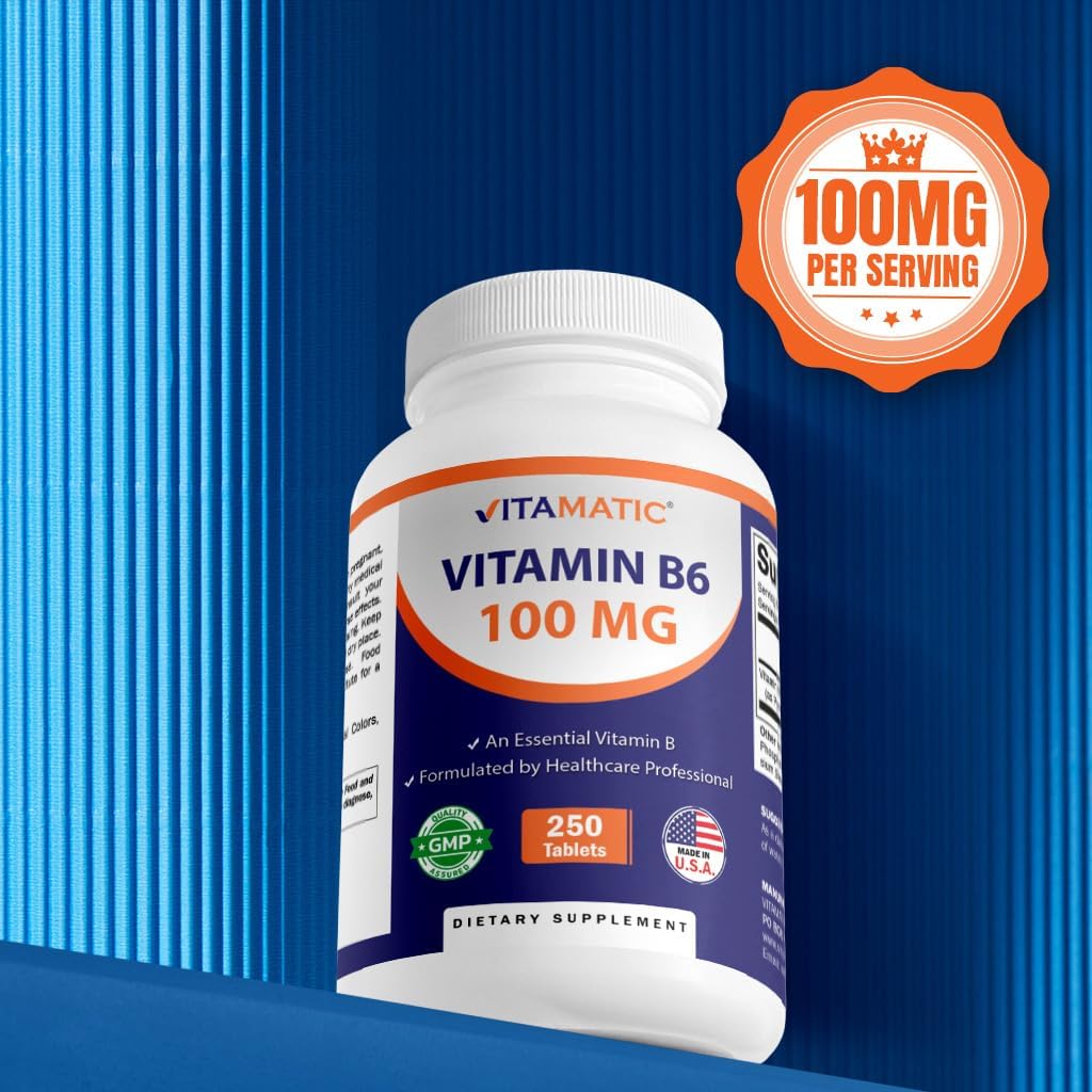 Vitamatic Vitamina B6 (Piridoxina HCl) 100 mg – 250 Comprimidos Vegetarianos – Apoyo Energético y Sistema Nervioso
