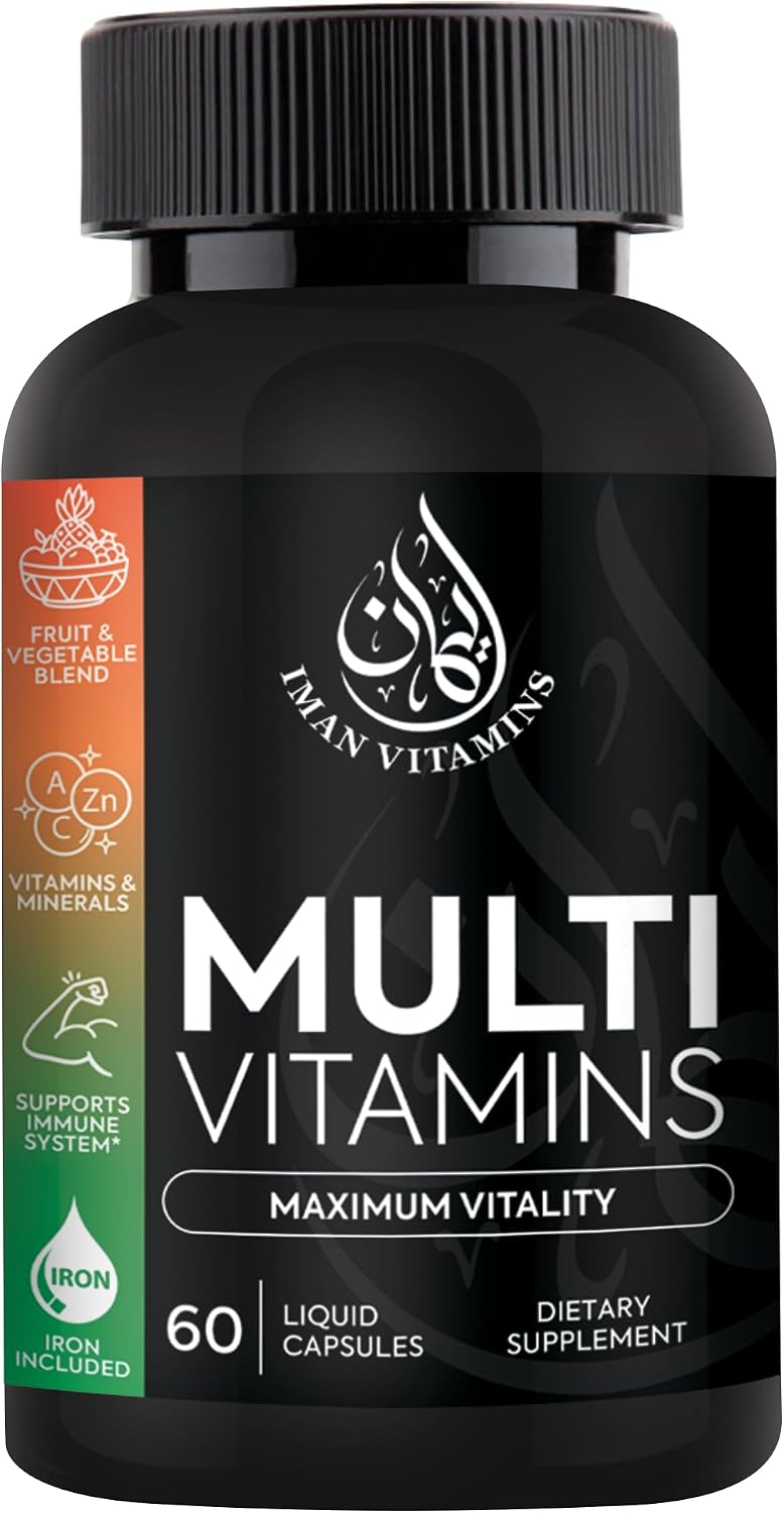 Iman Vitamins Halal Complete Multivitamin - Cápsulas Multivitamínicas para Adultos con 42 Frutas y Verduras, Hierro, Zinc, CoQ10 y Vitaminas