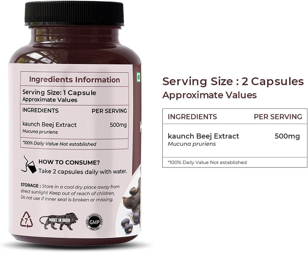 SAPTAMVEDA Kaunch Beej Extracto Natural 500mg, 60 Cápsulas Vegetales