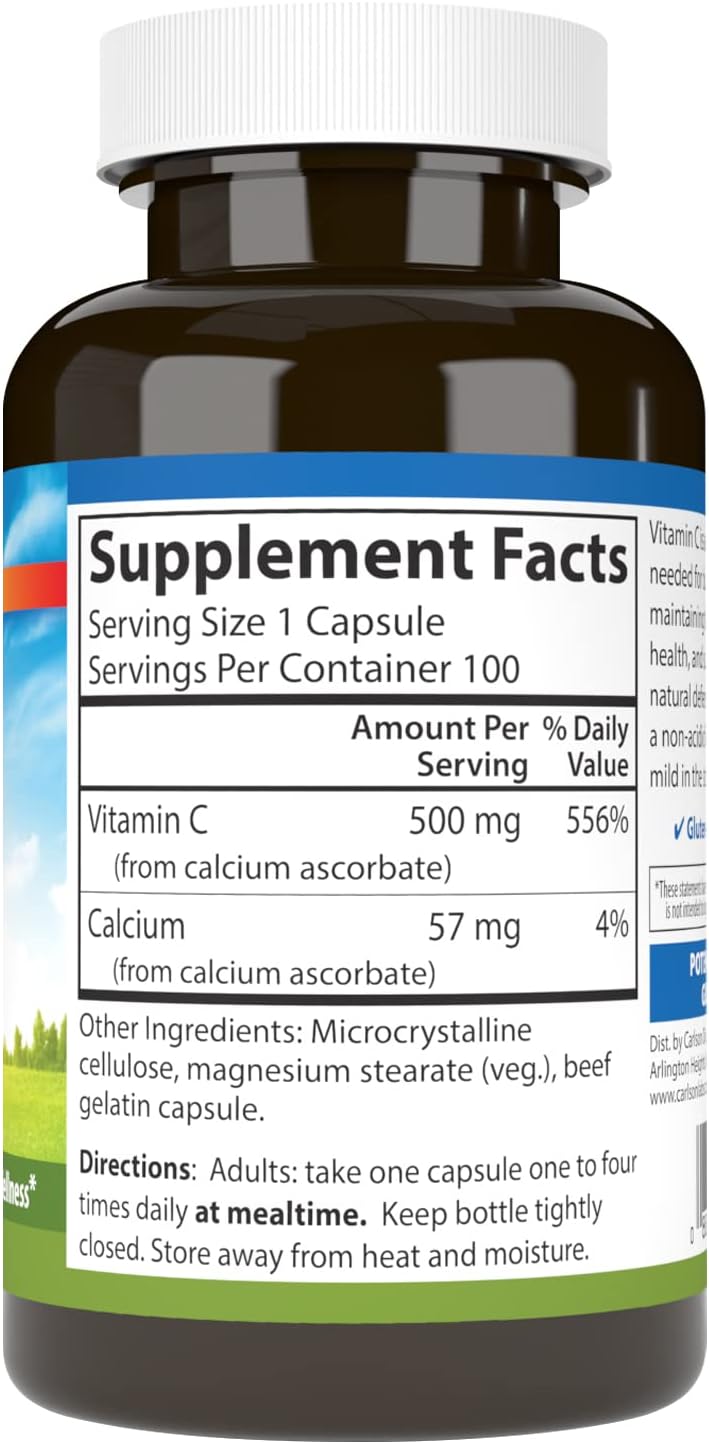 Carlson Mild-C, 500 mg, Buffered Vitamin C, Immune Support and Well-Being, 100 Capsules