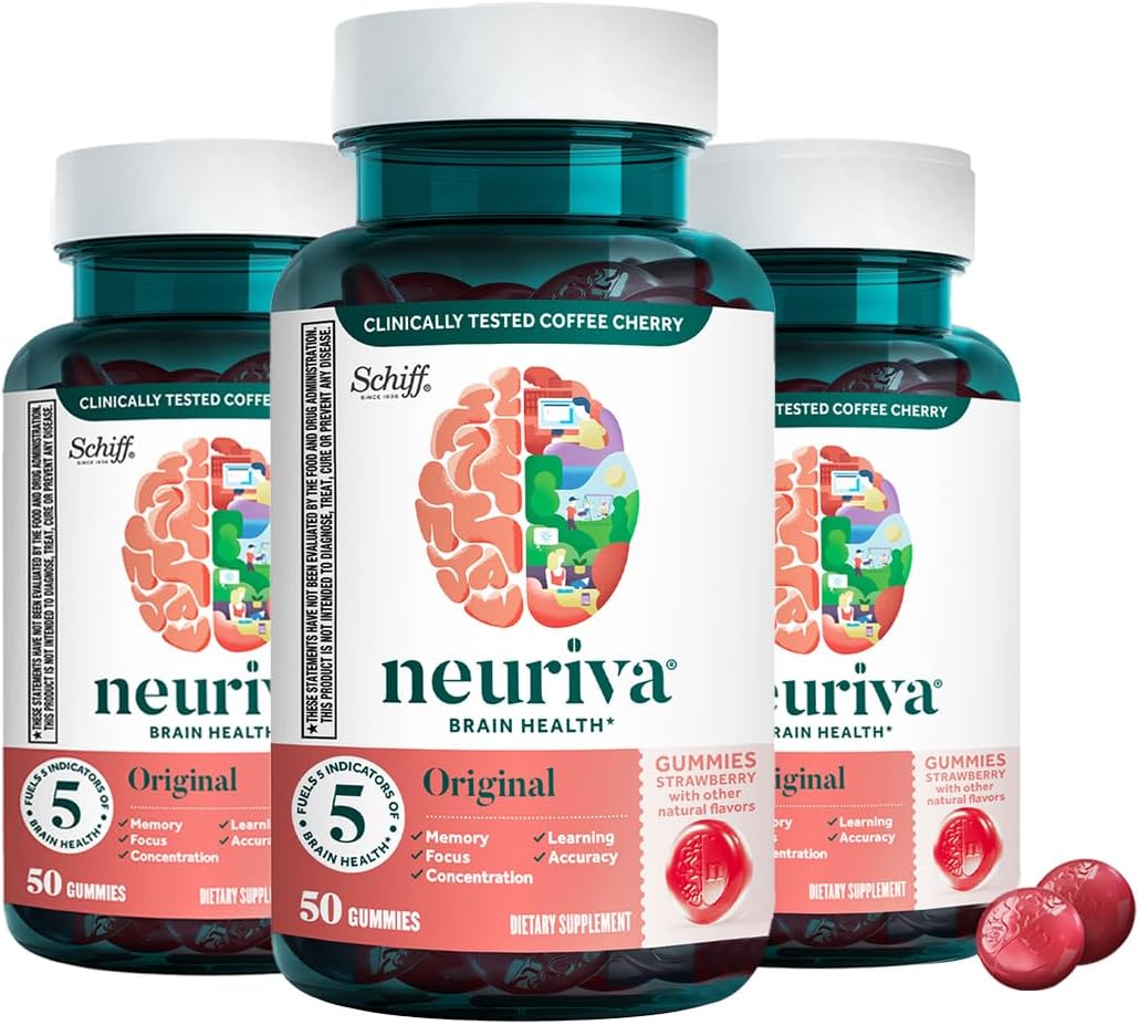 NEURIVA Original Suplemento para el Cerebro con Fosfatidilserina y Neurofactor, Sabor Fresa, 100 Gomitas (2 Envases de 50)