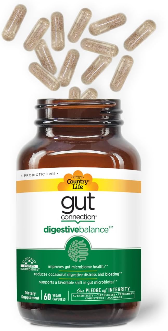 Country Life Gut Connection Digestive Balance – Prebiótico y Enzimas Digestivas para la Salud Intestinal, 60 Cápsulas