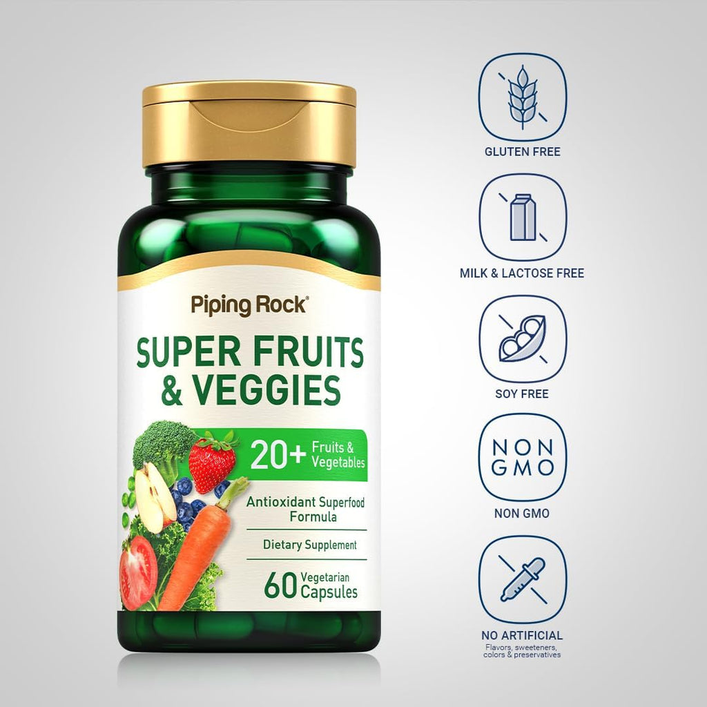 Complemento de Frutas y Verduras Piping Rock | 60 Cápsulas | Vitaminas de Superalimentos | Fórmula Antioxidante y Mezcla Prebiótica | Vegano, No-GMO, Sin Gluten