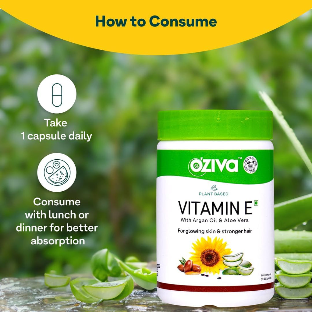 OZiva Vitamina E 100% Natural de Origen Vegetal con Aloe Vera y Aceite de Argán, 30 Cápsulas Veganas, no Transgénico
