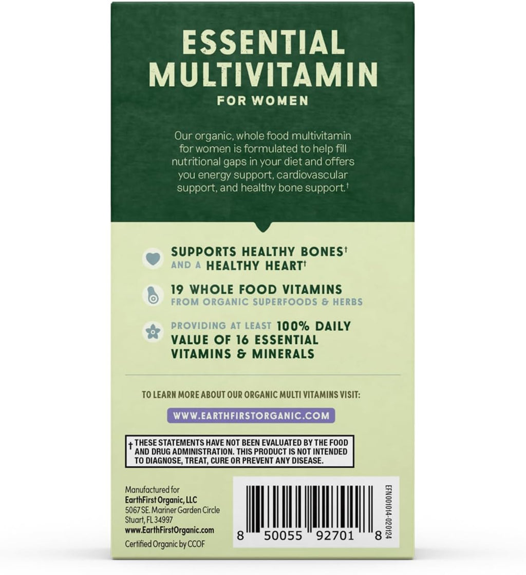 EarthFirst Organic Multivitamínico Diario para Mujeres 50+, Apoya la Salud Ósea, Energía y Salud Cardíaca, 30 Comprimidos