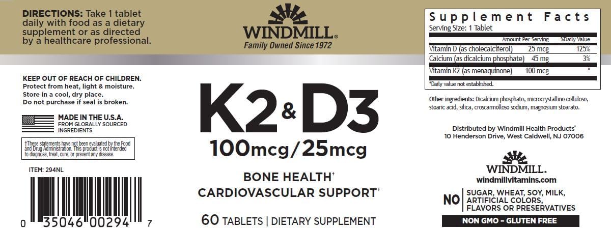 Windmill Vitamina D3 (1000 UI) y K2 (Menaquinona-7, 100mcg) - 60 Comprimidos (Paquete de 2)