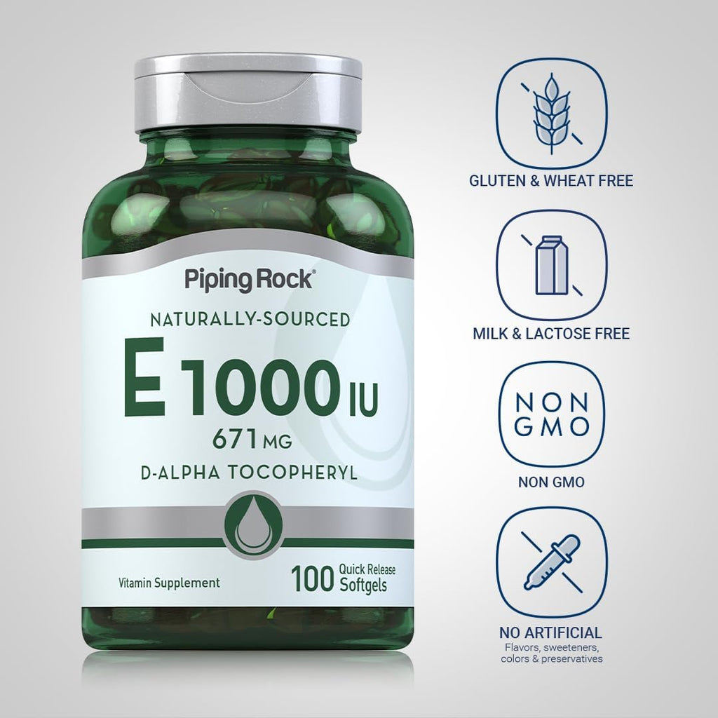 Piping Rock Vitamina E 1000 IU (671 mg) – 100 Cápsulas Blandas – d-Alfa Tocoferol Natural