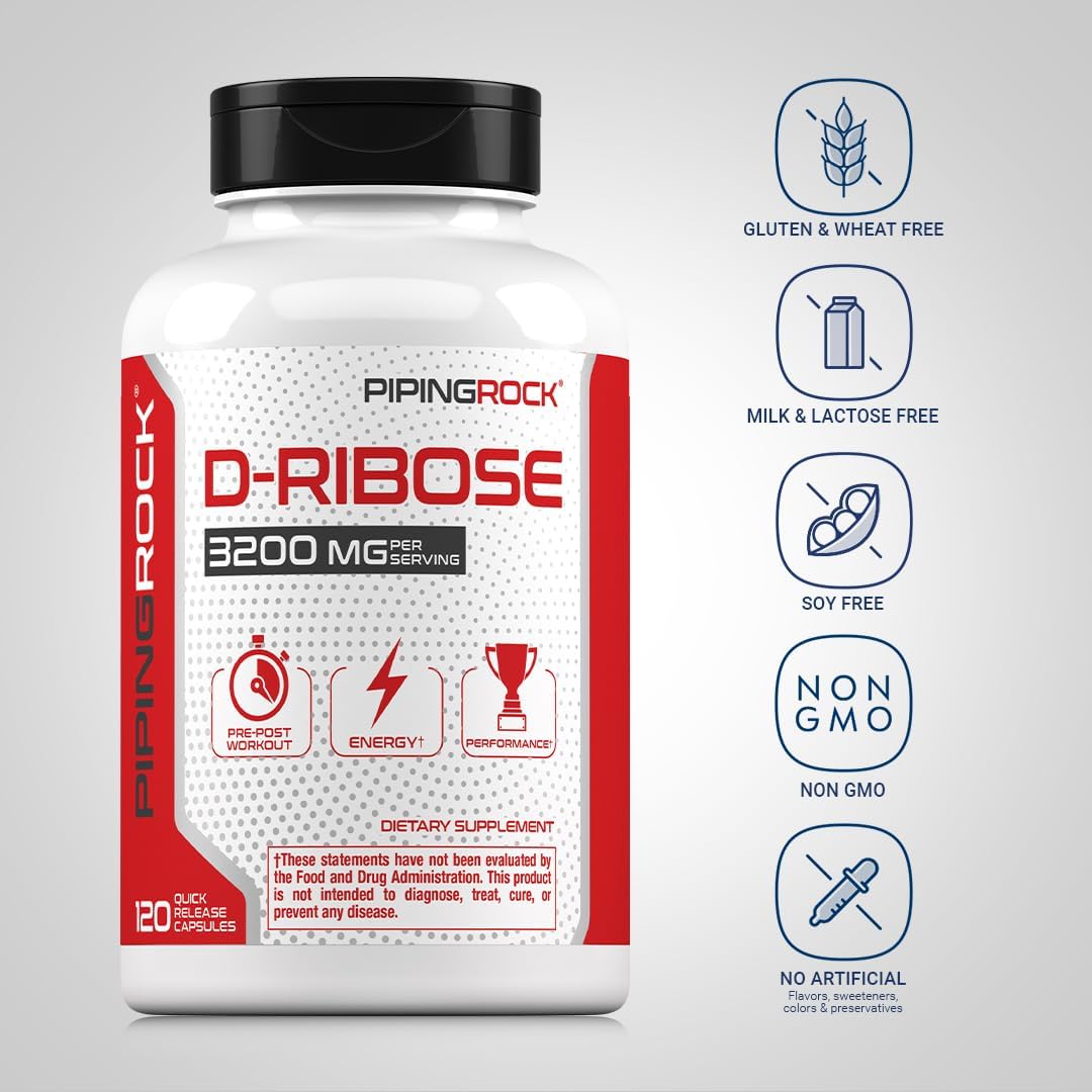 Piping Rock Cápsulas de D-Ribosa | 3200 mg | 120 Cápsulas | Suplemento para Hombres y Mujeres | No OGM, Sin Gluten