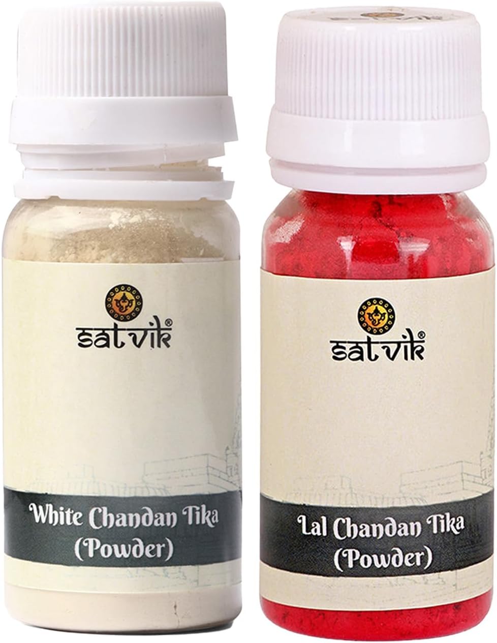 Set de 5 Sellos Tilak de Latón con Polvo de Chandan Rojo y Blanco - SATVIK