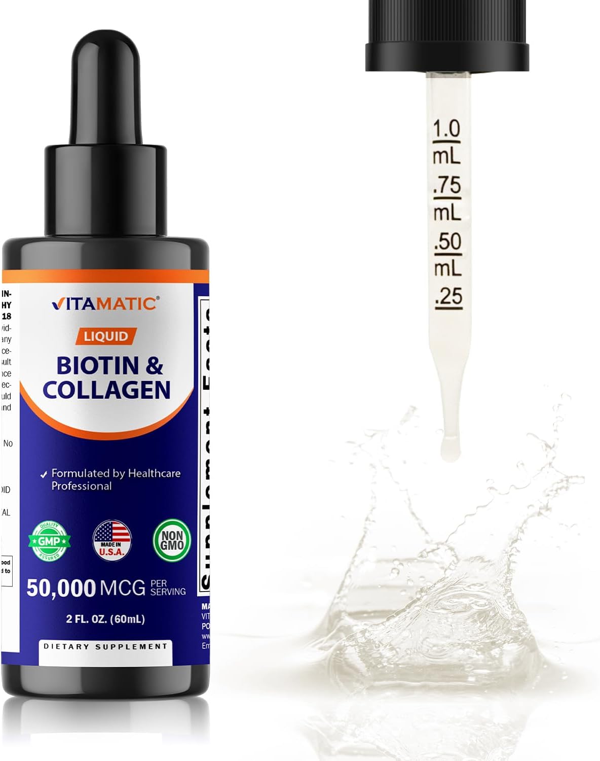 Vitamatic Biotina Líquida con Colágeno – 50.000 mcg – 59 ml – Apoyo para Cabello, Piel y Uñas