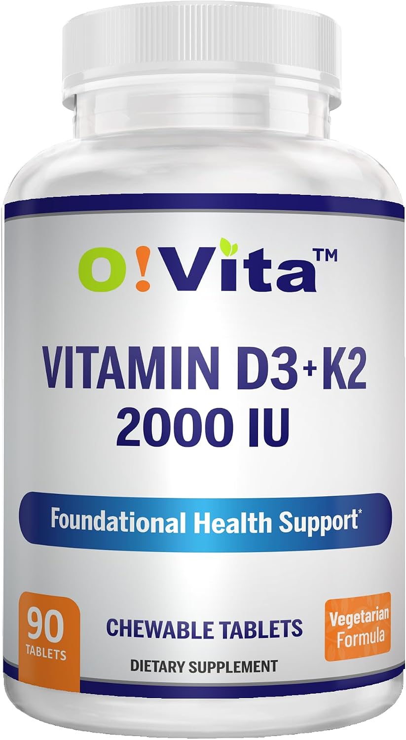 O!VITA Vitamina D3 + K2 2000UI Masticable para el Mantenimiento de los Huesos, 90 Comprimidos Vegetarianos (Suministro para 3 Meses)