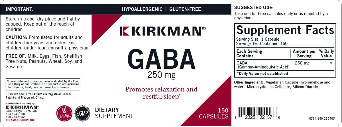 Kirkman GABA 250 mg - Hipoalergénico, 150 Cápsulas