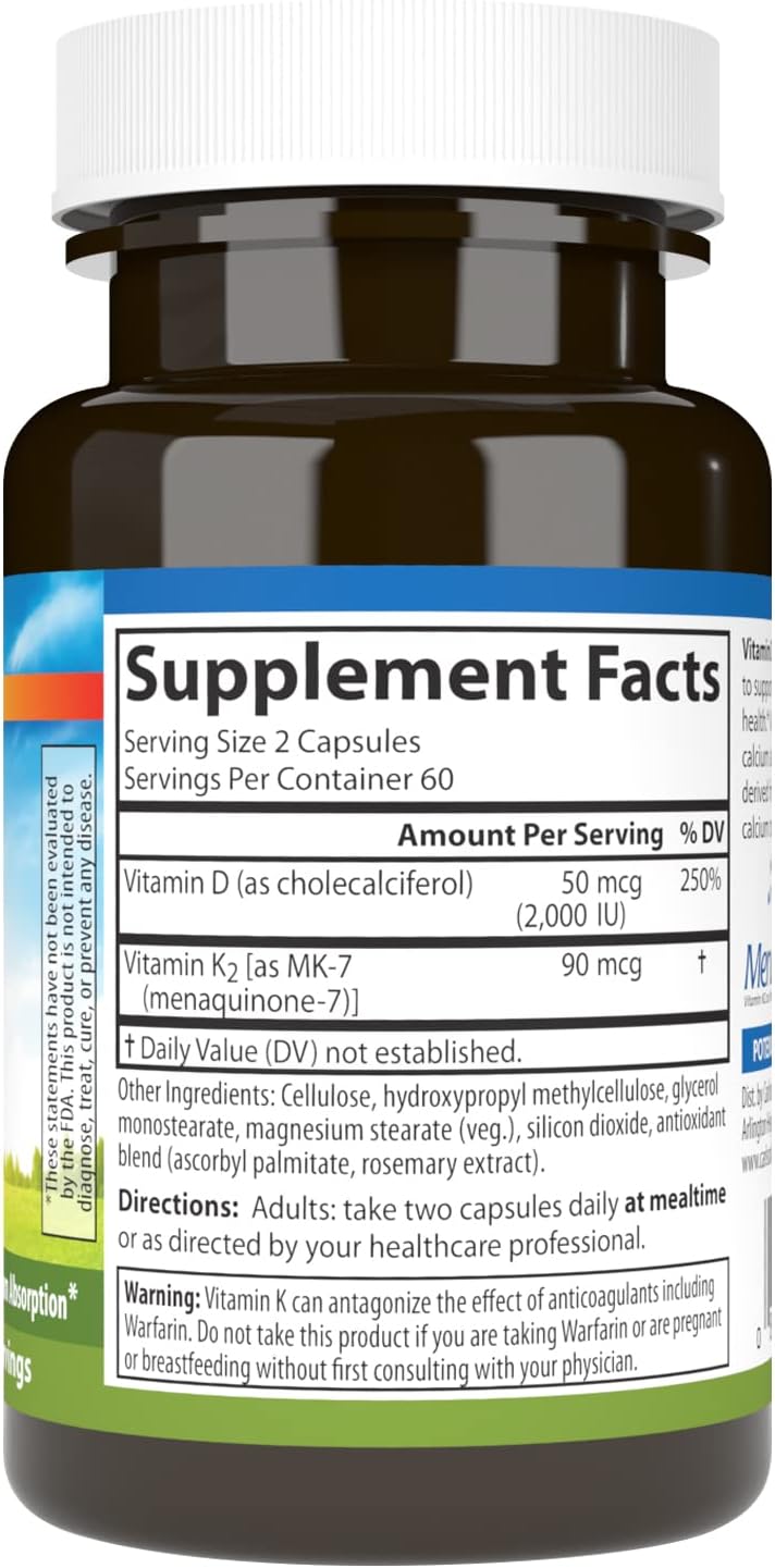 Carlson Vitamina D3 + K2, 50 mcg (2000 UI) Vitamina D3 y 90 mcg Vitamina K2 como MK-7, Soporte Óseo, Absorción de Calcio, 120 Cápsulas