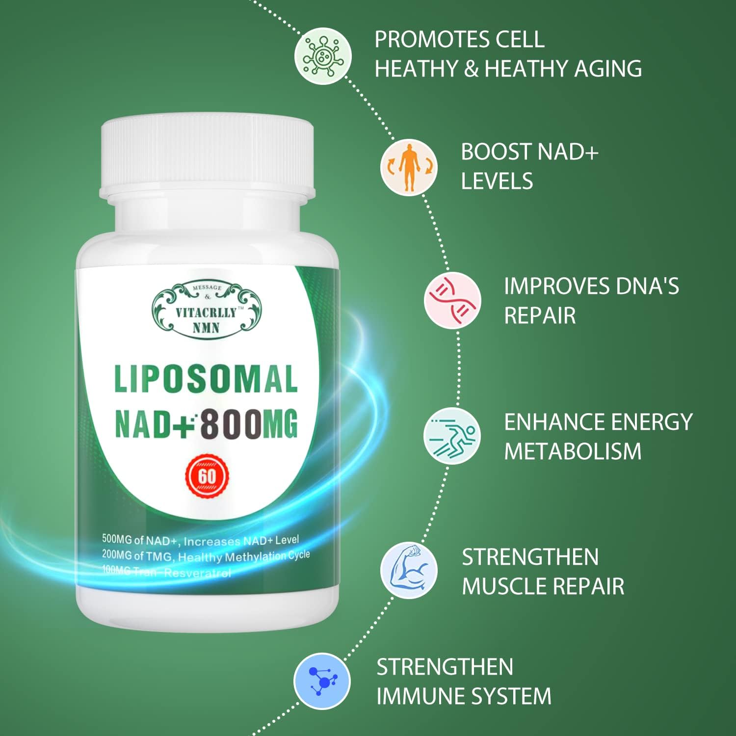 NAD+ Liposomal 800mg + Resveratrol + TMG - 180 Cápsulas (Pack de 3)