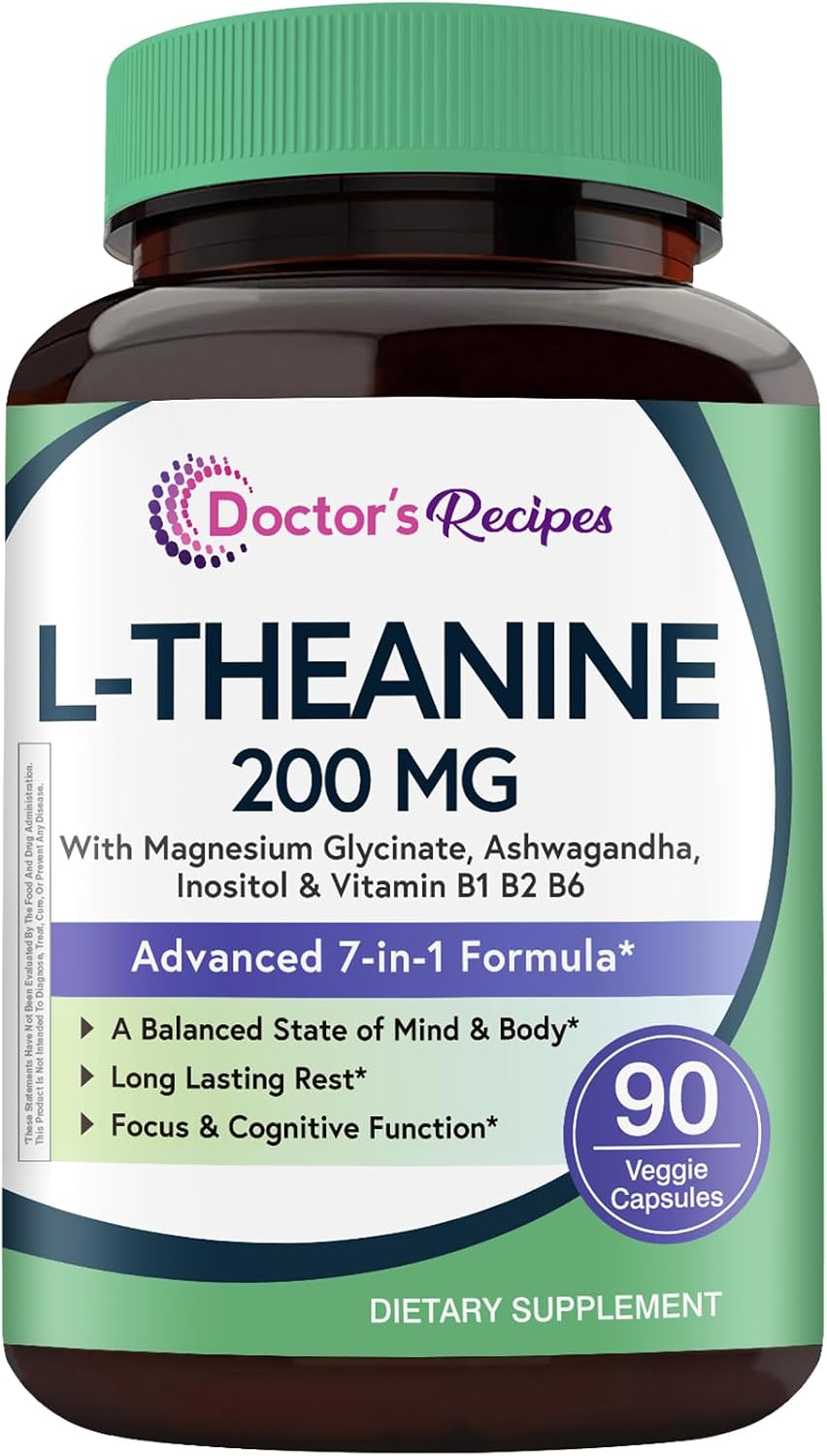Doctor's Recipes L-Theanine 200 mg con Magnesio Glicinato, Ashwagandha, Inositol y Vitaminas B - 90 Cápsulas