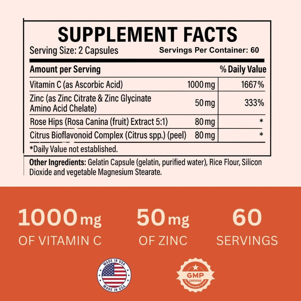 Nature4U Vitamina C 1000 mg con Zinc, Escaramujo y Bioflavonoides Cítricos, 120 Cápsulas