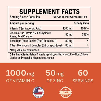 Nature4U Vitamina C 1000 mg con Zinc, Escaramujo y Bioflavonoides Cítricos, 120 Cápsulas – Image 2