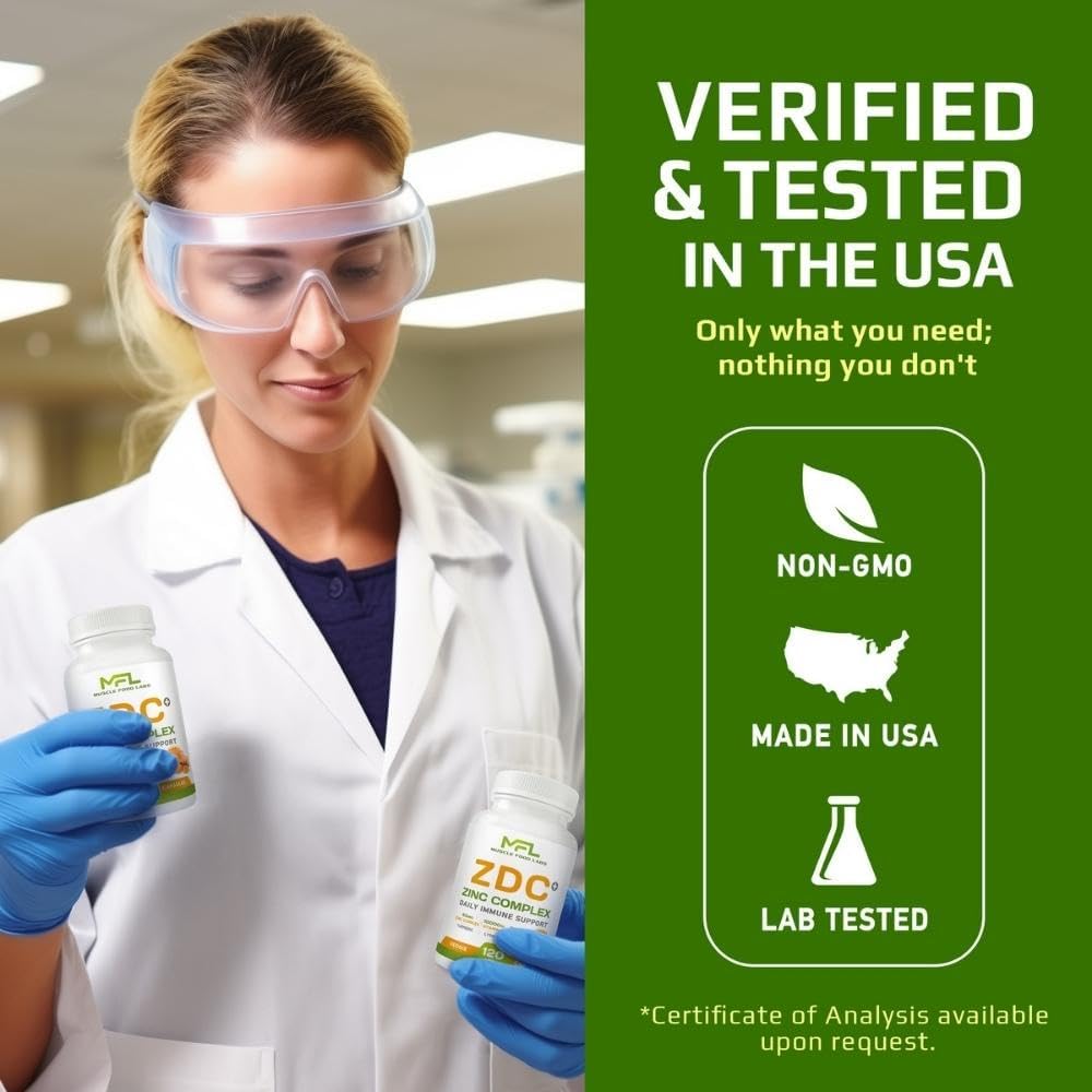 MUSCLE FOOD LABS ZDC Plus | Vitamina C 500mg, D3, Zinc, Cúrcuma, Jengibre, Lisina | 120 Cápsulas Veganas