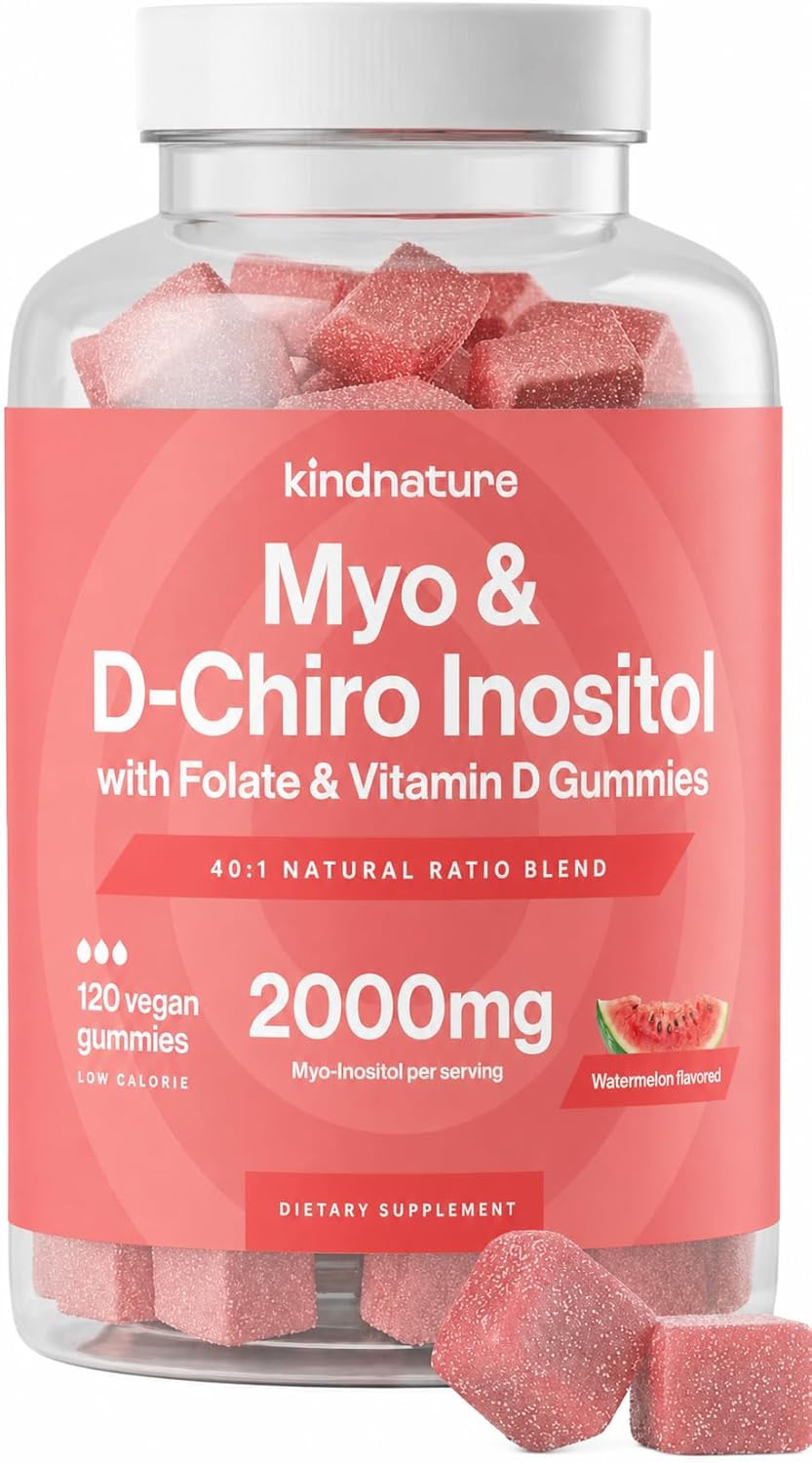 kindnature Myo-Inositol & D-Chiro Inositol Gummies – 2000mg + 50mg, Ratio 40:1, con Vitamina D y Folato, Sabor Sandía, Vegano (120 Gominolas)