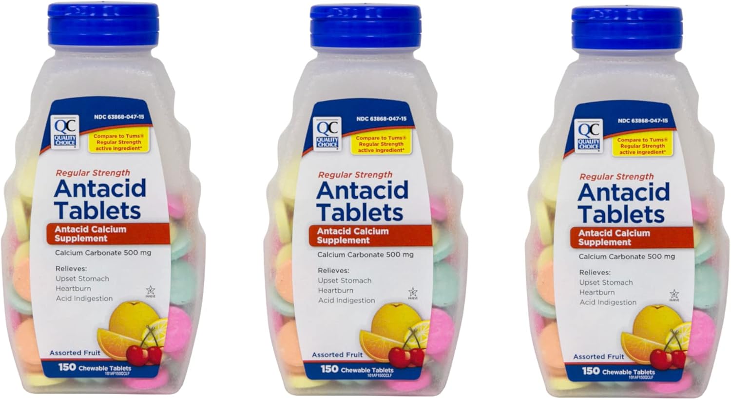 Quality Choice Calcium Carbonate 500 mg Antacid Chewable, 150 Tablets (Pack of 3)