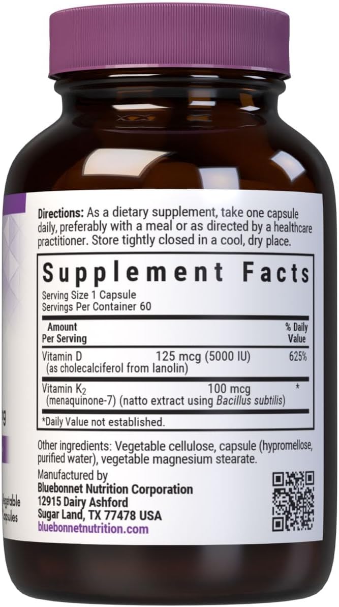 Bluebonnet Nutrition Vitamina D3 y K2, 60 Cápsulas Vegetales