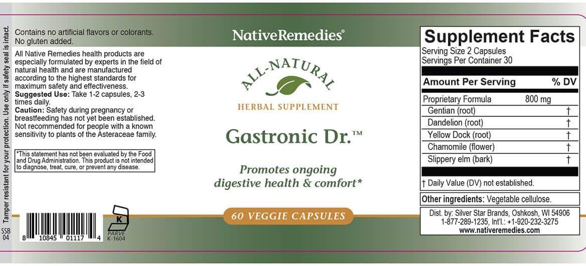 Native Remedies Gastronic Dr. para Perros - Suplemento Herbal Natural para una Digestión Saludable - 60 Cápsulas Veganas