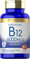 Carlyle Vitamina B-12 6000mcg | 120 Comprimidos de Disolución Rápida | Sabor Natural a Bayas | Cianocobalamina y Metilcobalamina | Vegetariano, No-GMO y Sin Gluten