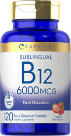 Carlyle Vitamina B-12 6000mcg | 120 Comprimidos de Disolución Rápida | Sabor Natural a Bayas | Cianocobalamina y Metilcobalamina | Vegetariano, No-GMO y Sin Gluten
