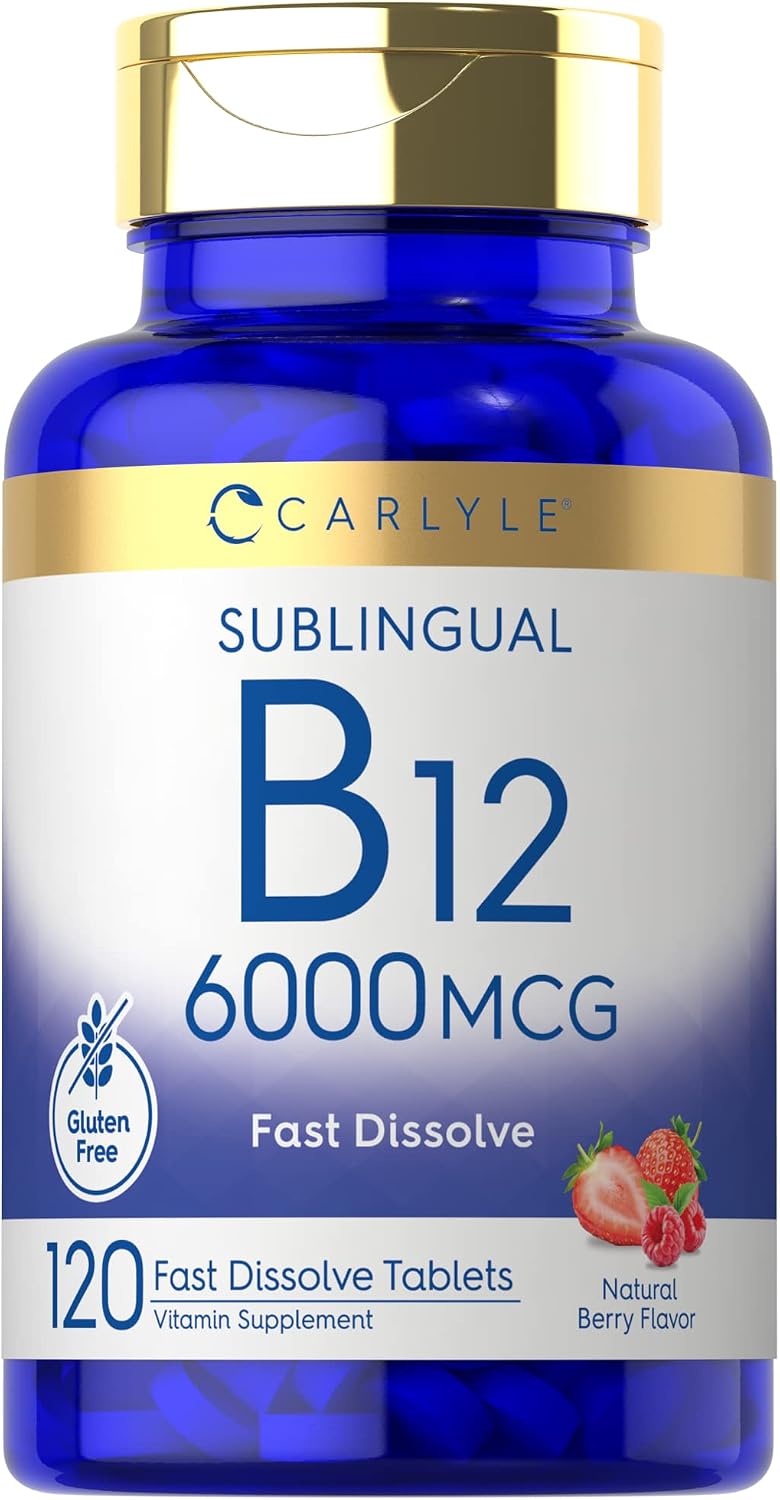 Carlyle Vitamina B-12 6000mcg | 120 Comprimidos de Disolución Rápida | Sabor Natural a Bayas | Cianocobalamina y Metilcobalamina | Vegetariano, No-GMO y Sin Gluten