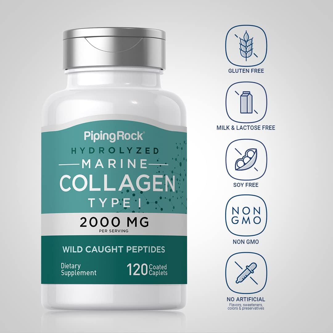 Piping Rock Péptidos de Colágeno Marino en Cápsulas | 2000mg | 120 Comprimidos | Tipo 1 Salvaje para Mujeres y Hombres | Sin OGM, Sin Gluten