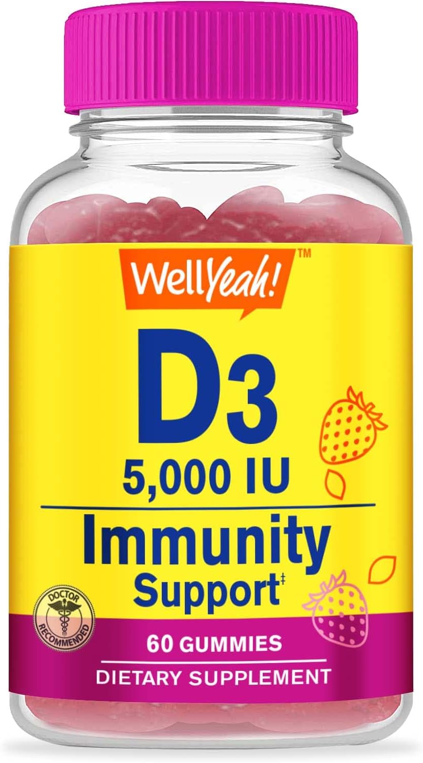 WellYeah Vitamina D3 5000 UI (125 mcg) Gominolas Extra Strength – Sabor Fresa – 60 Gominolas