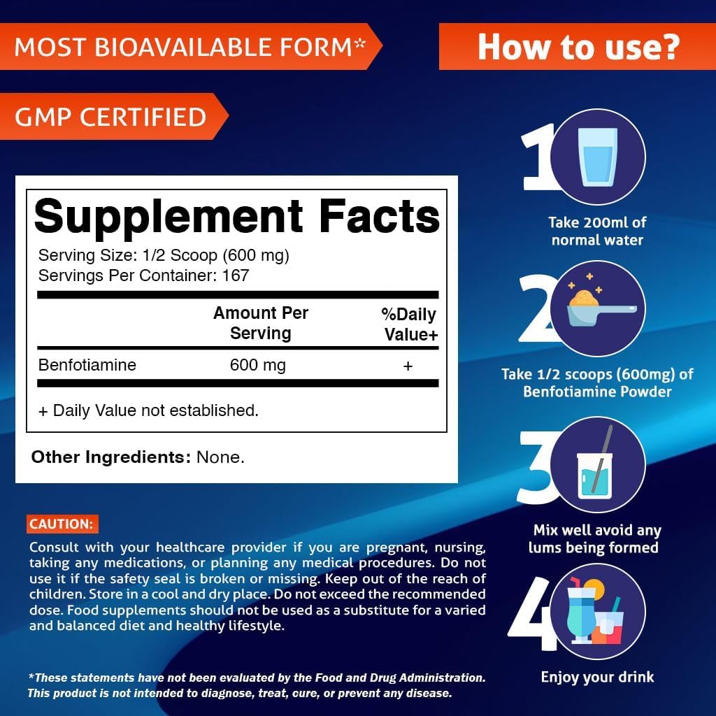Vitamatic Benfotiamina en Polvo Pura 600 mg por Ración - 100 Gramos - Vitamina B1 Liposoluble