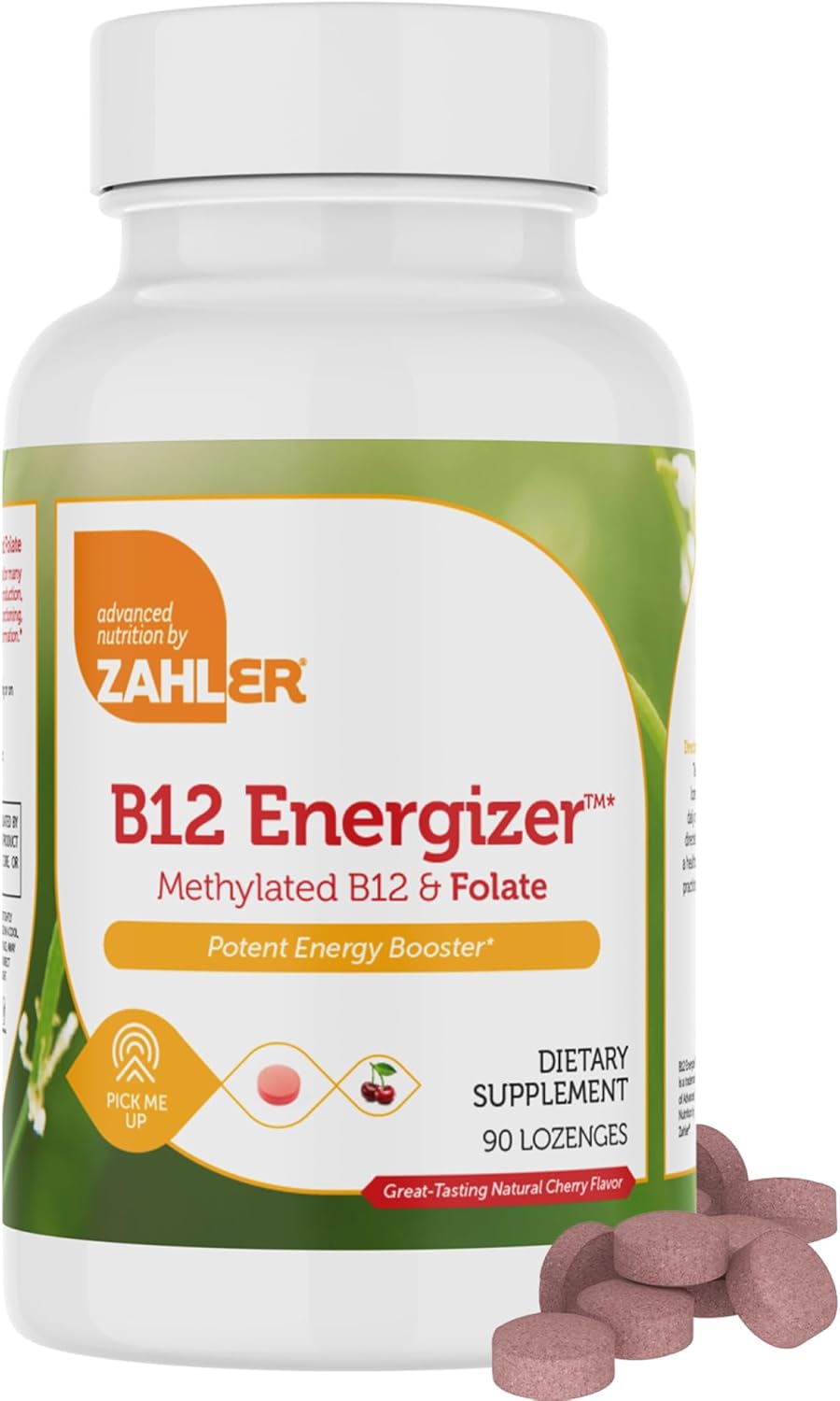 Zahler Energizer - Suplemento de Folato y B12 - Pastillas de disolución rápida sabor cereza - Metilcobalamina 1000 mcg y Ácido Fólico 1360 mcg (90 comprimidos)