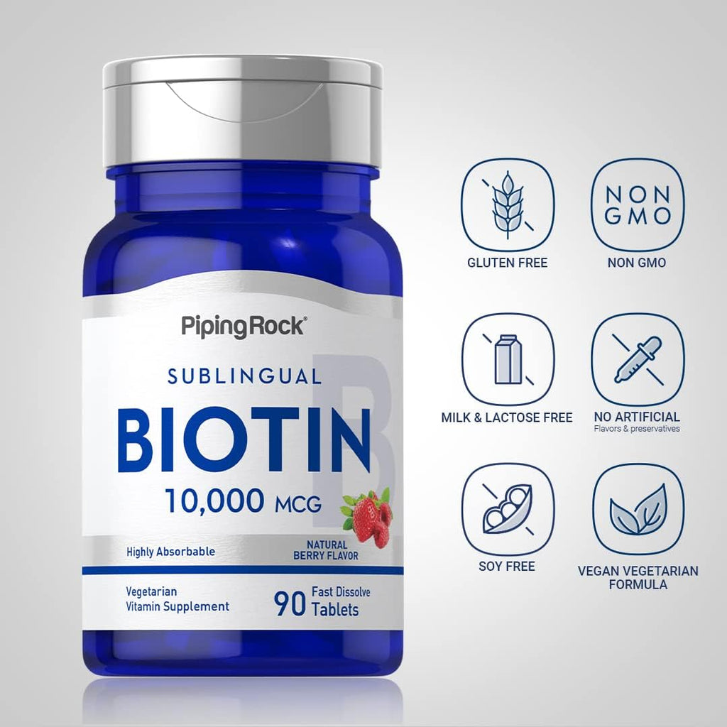 Piping Rock Biotin 10000 mcg Sublingual Tablets Berry Flavor, 90 Count