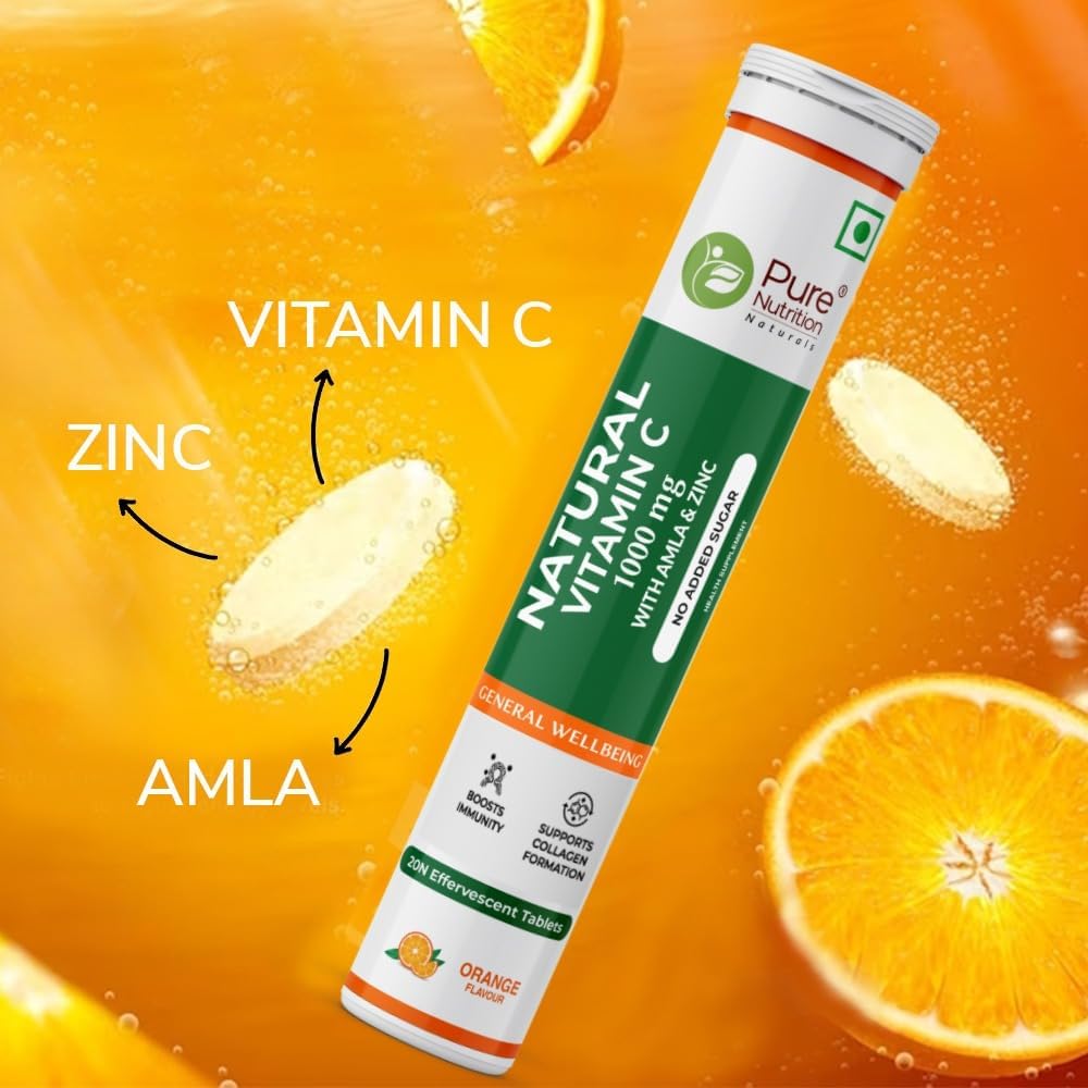 Pure Nutrition Vitamina C y Zinc, 40 Comprimidos Efervescentes (20 x 2), Sabor Naranja, 1000mg Extracto de Amla, Apoya la Piel, Inmunidad y Bienestar Diario para Hombres y Mujeres