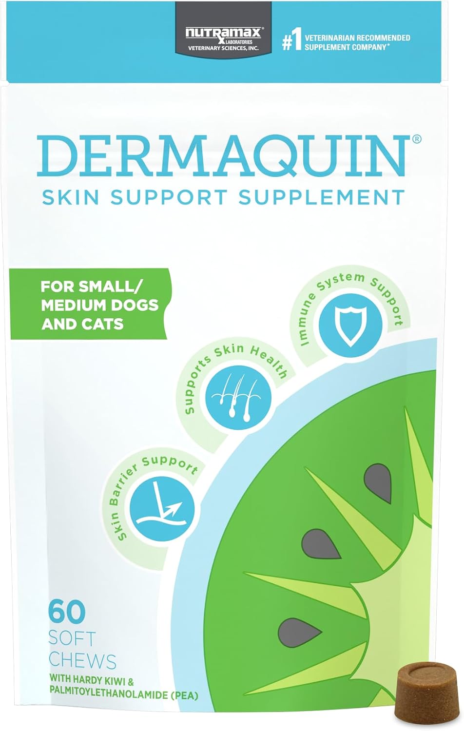 Nutramax Dermaquin Suplemento para la Piel para Perros y Gatos Pequeños a Medianos, con Hardy Kiwi, Omega-3 y más, 60 Chewables Blandos