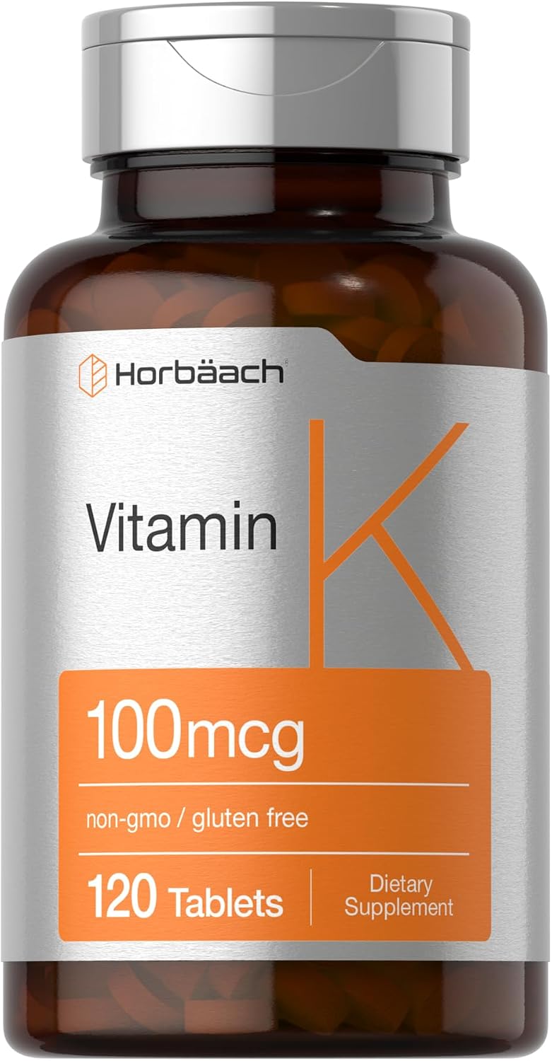 Horbäach Vitamina K Suplemento | 100mcg | 120 Comprimidos | Vegetariano, Sin Gluten y No GMO