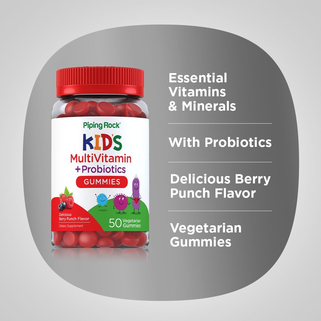Piping Rock Kid's Multivitamin Gummies with Probiotics | 50 Berry Punch Chewables | Without Iron | Vegetarian, Non-GMO, Gluten Free Children's Supplement